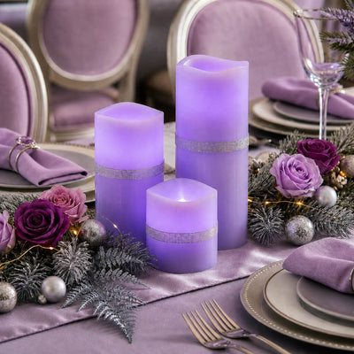 Elegant lavender flameless candles in three sizes with winter decor - thumbnail number 9