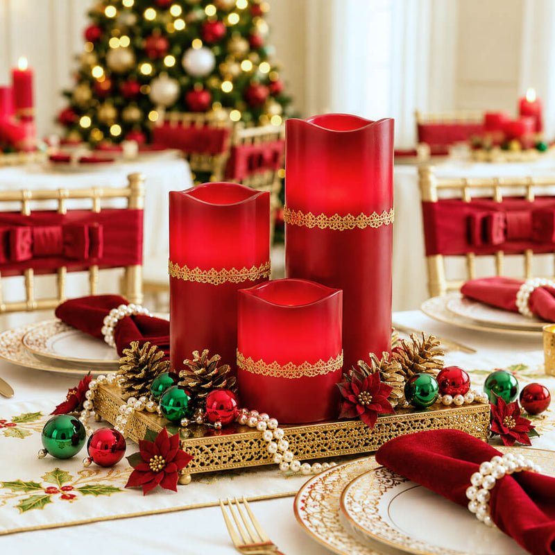 Festive red LED candles in assorted sizes with holiday decorations - thumbnail number 11