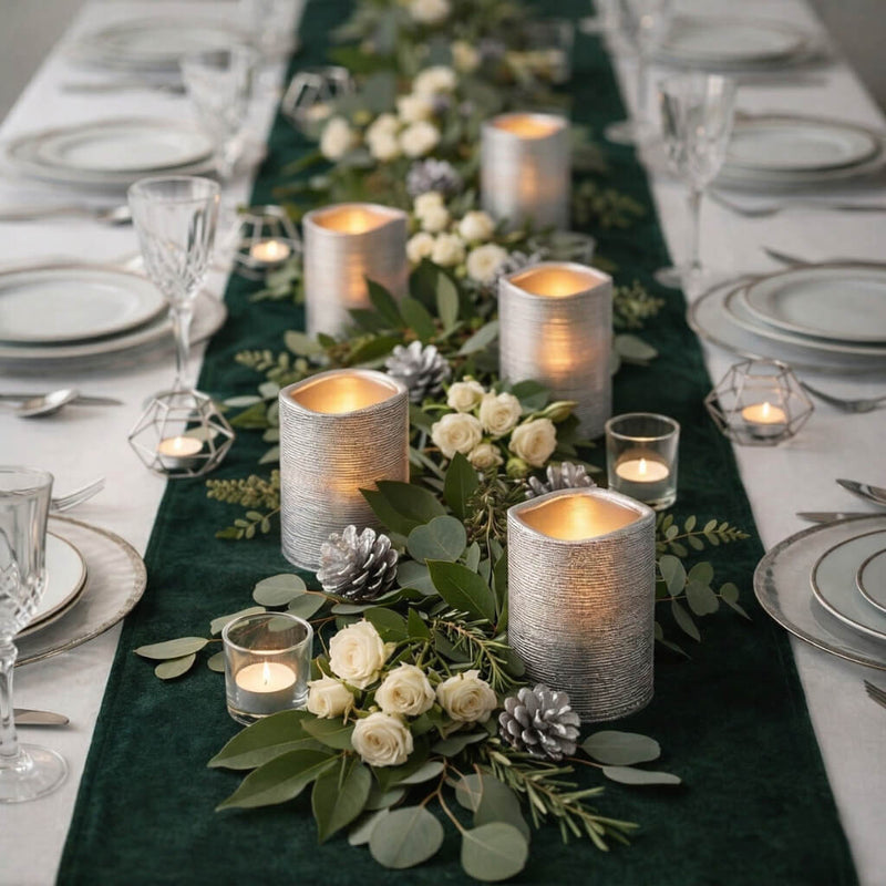 Silver Metallic Wavy Top LED Candle with greenery table centerpiece - thumbnail number 5