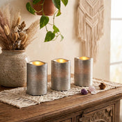 Silver Metallic Wavy Top LED Candle on rustic boho tabletop decor - thumbnail number 7