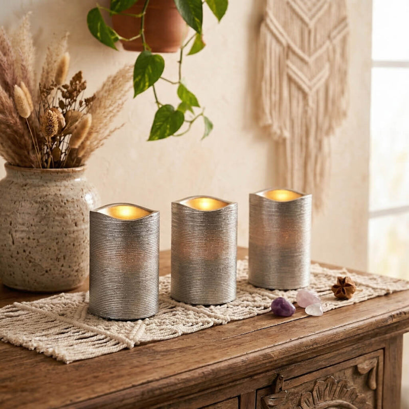 Silver Metallic Wavy Top LED Candle on rustic boho tabletop decor - thumbnail number 7