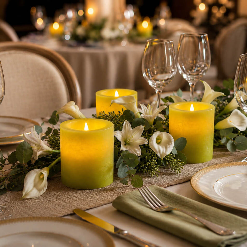 Elegant tablescape with green LED votive candles and white flowers - thumbnail number 3