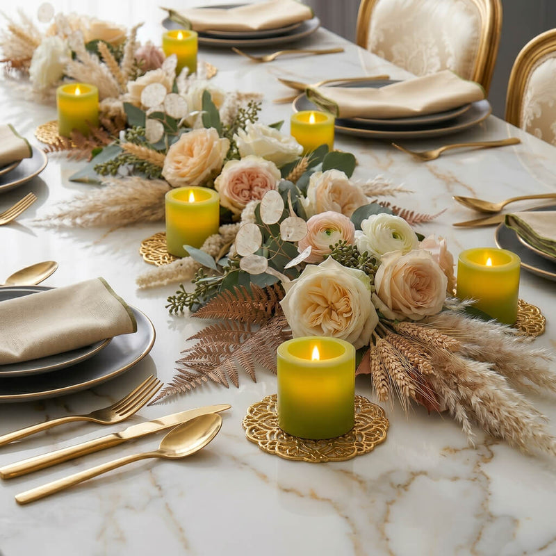 Green LED votive candles with floral centerpiece on elegant dining table - thumbnail number 4