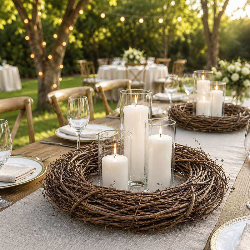 Natural grapevine wreath with glass pillar candles set outdoors on a rustic reception table - thumbnail number 6