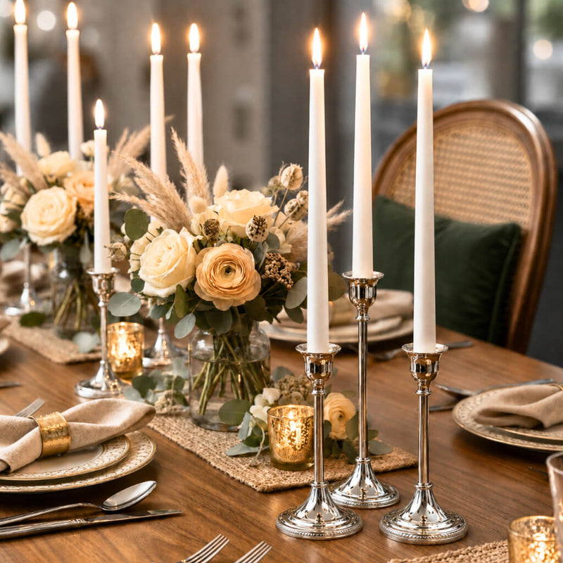 Elegant tablescape with lit white taper candles in silver holders and floral centerpieces - thumbnail number 6