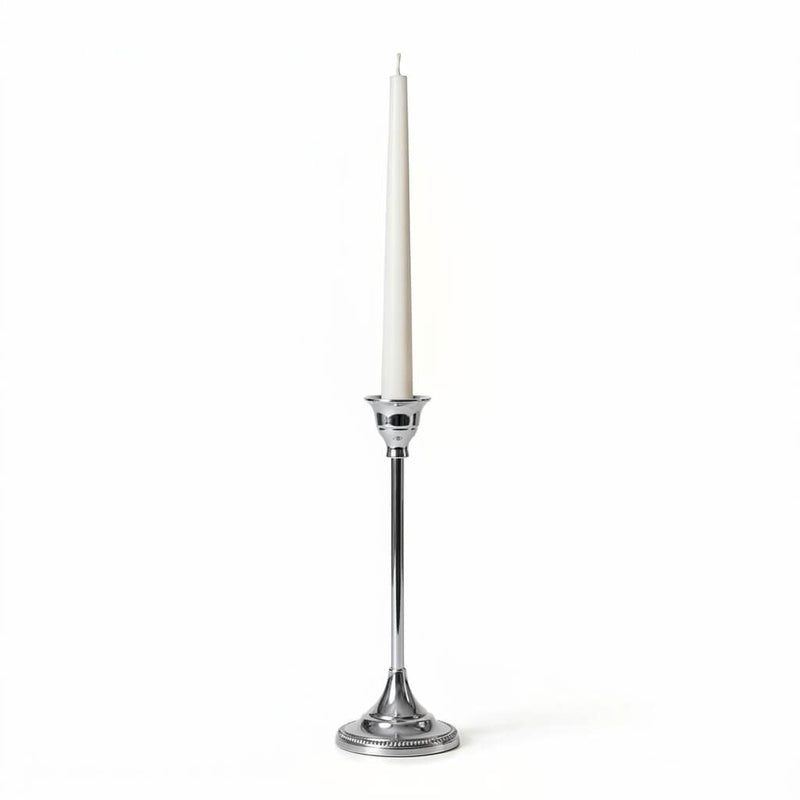 White candle in a 9" Taper Candlestick Silver on a white background - thumbnail number 2