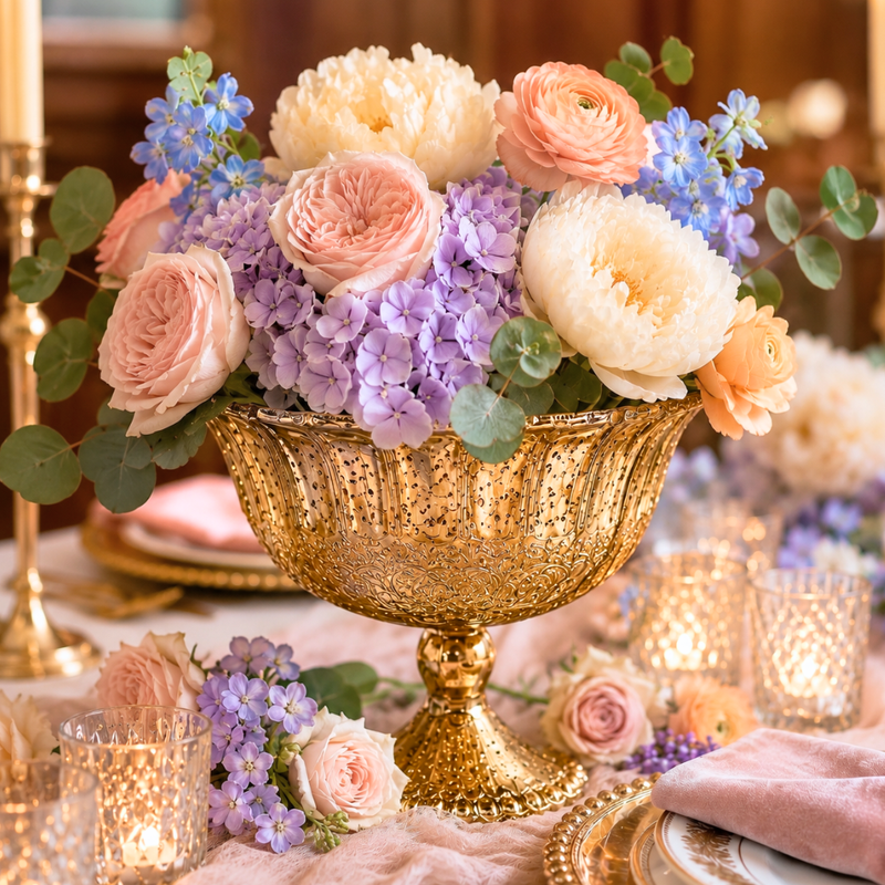 Gold mercury glass compote with pastel roses and purple hydrangeas - thumbnail number 3