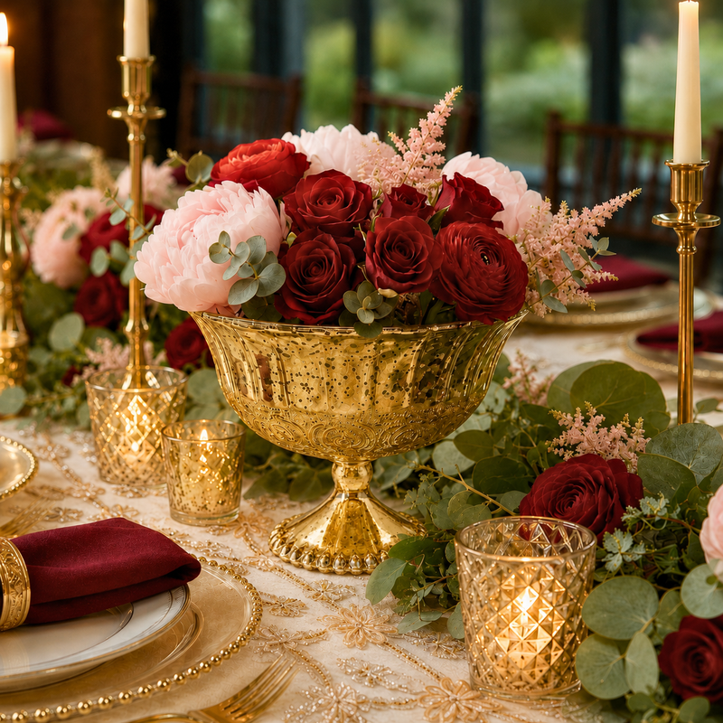 Gold Mercury Glass Compote 4.5" with red and pink roses - thumbnail number 4