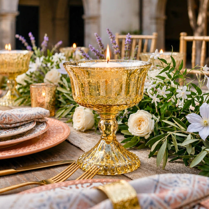 Gold 4.5" Mercury Glass Compote with a candle on a tablescape - thumbnail number 7