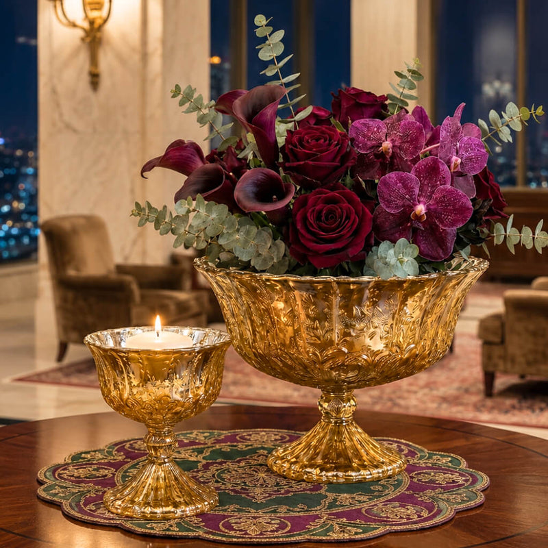 Gold mercury glass compote with moody purple and red florals - thumbnail number 6