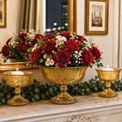 Gold mercury glass compote filled with red roses and flanked by two small matching candle holders - thumbnail number 7