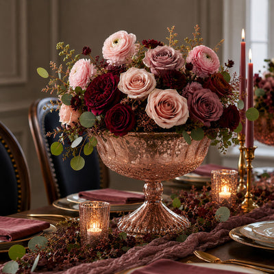 7" x 5.25" Mercury Glass Compote in Rose Gold with a rich, moody floral arrangement - thumbnail number 4