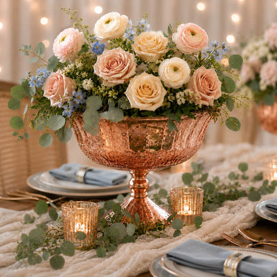 7" x 5.25" Mercury Glass Compote in Rose Gold with an elegant pastel floral arrangement - thumbnail number 3