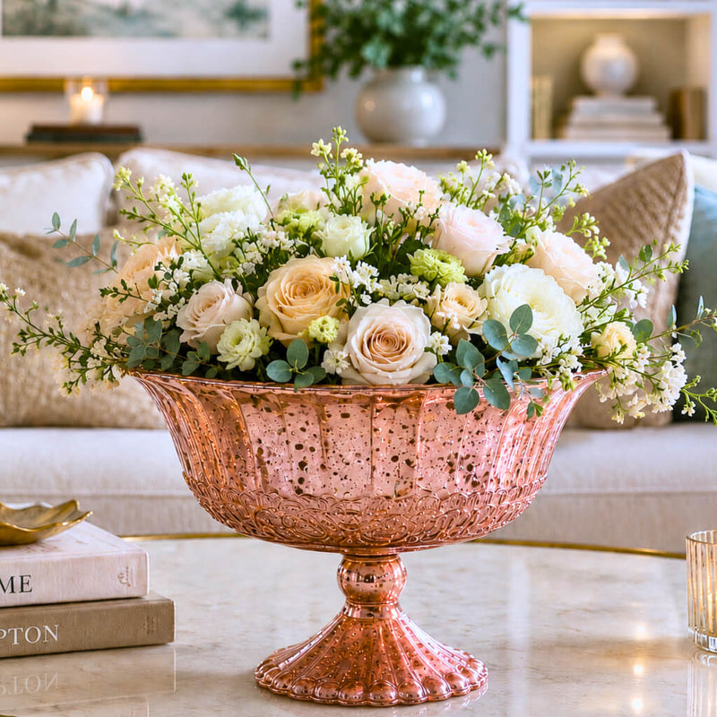 7" x 5.25" Mercury Glass Compote in Rose Gold filled with a lush white and cream floral display - thumbnail number 6