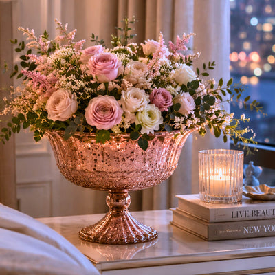7" x 5.25" Mercury Glass Compote in Rose Gold filled with a beautiful pastel floral arrangement - thumbnail number 7