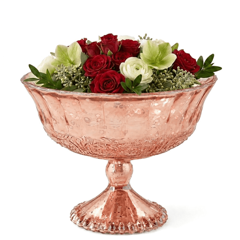 7" x 5.25" Mercury Glass Compote in Rose Gold filled with a red and white floral arrangement - thumbnail number 2