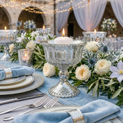 A 4.75" Silver Mercury Glass Compote with a candle on a tablescape - thumbnail number 5