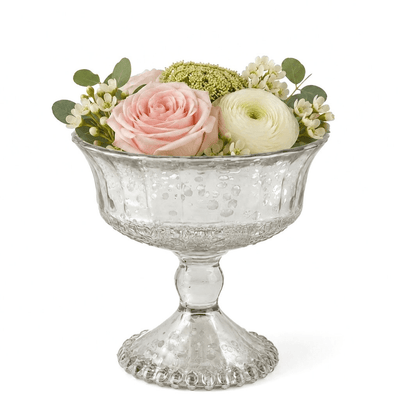 Silver Mercury Glass Compote 4.75" filled with pink and white flowers - thumbnail number 4