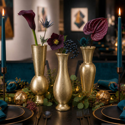 Gold bud vases styled with dark dramatic flowers for a moody tablescape - thumbnail number 5