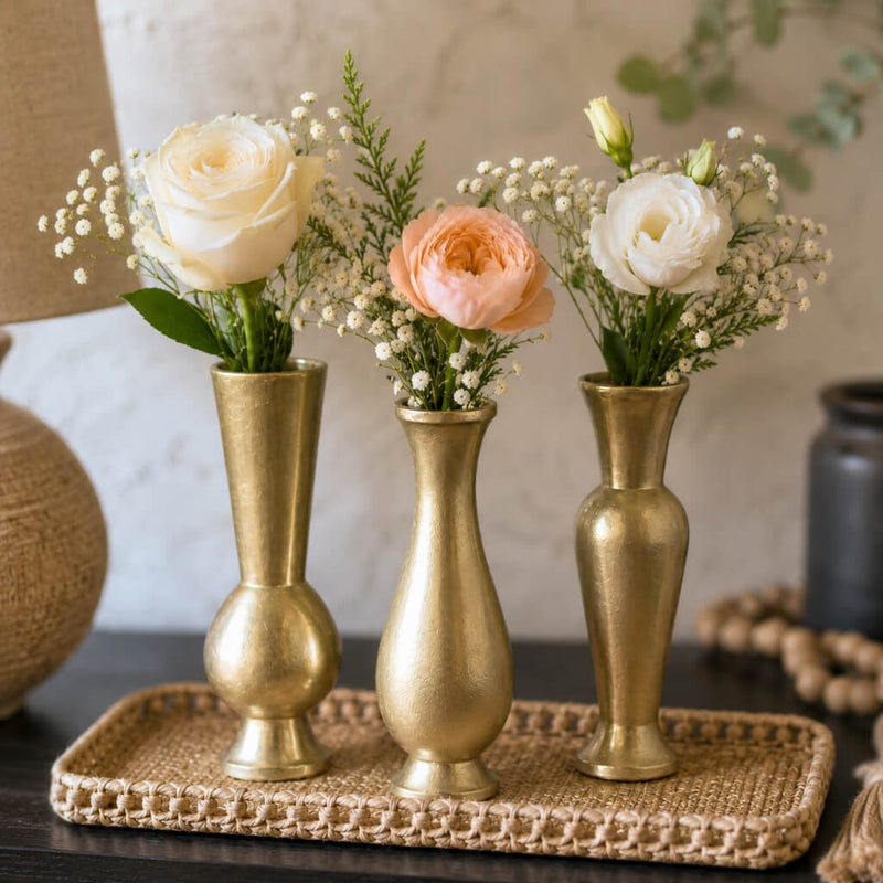 Henna Budvases with roses, baby's breath, and greenery on a woven tray - thumbnail number 7