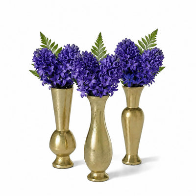 Three gold Henna Budvases featuring purple hyacinth flowers and green fern leaves - thumbnail number 3