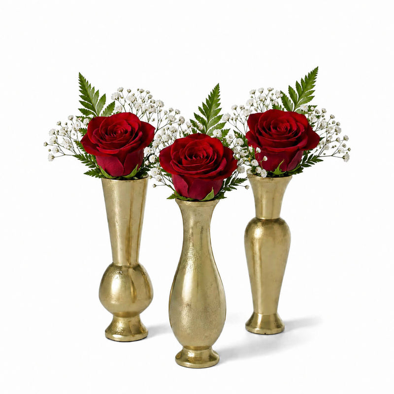 Set of three gold Henna Budvases each with a red rose, greenery, and baby's breath - thumbnail number 2