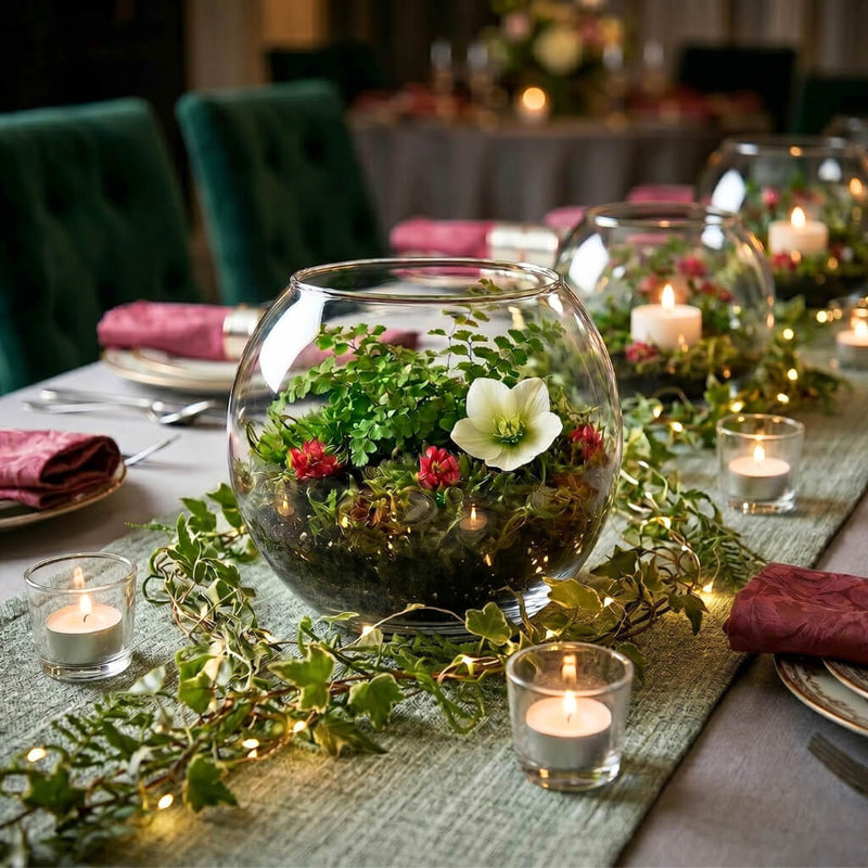 Bubble vase terrariums with flowers and candles as a dining table centerpiece - thumbnail number 6