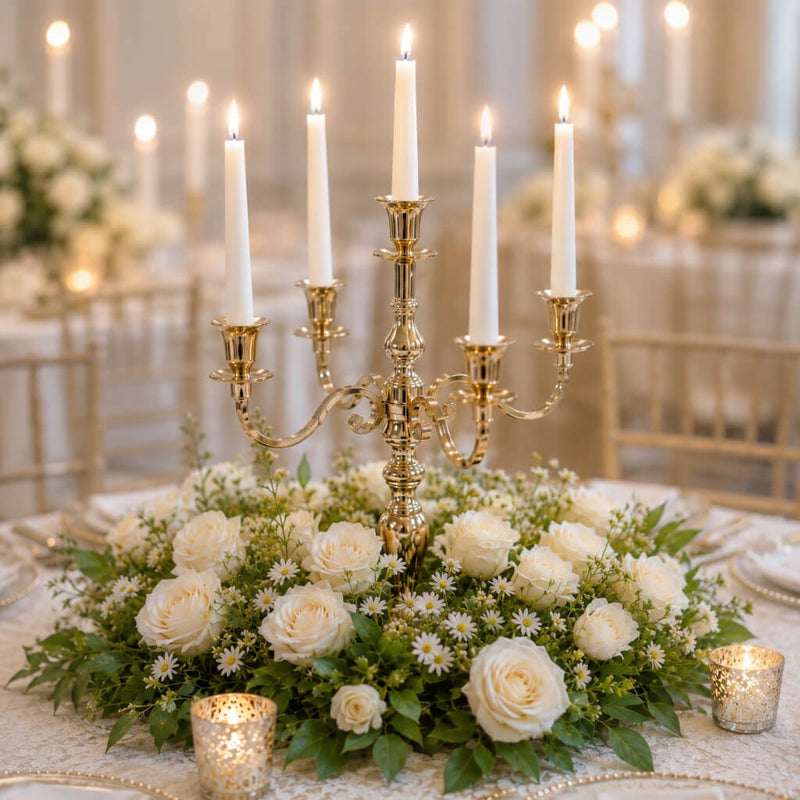 Lit 25-inch gold candelabra with white taper candles in a lush white floral centerpiece - thumbnail number 4