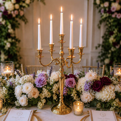Five lit taper candles in a 25" Gold Candelabra on a floral tablescape - thumbnail number 5
