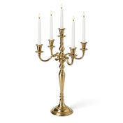 Five lit white taper candles in a 25" Gold Candelabra on a white background - thumbnail number 3