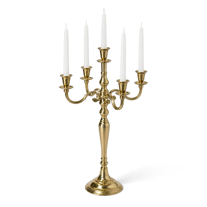 25-inch gold candelabra with five white taper candles on a white background - thumbnail number 2