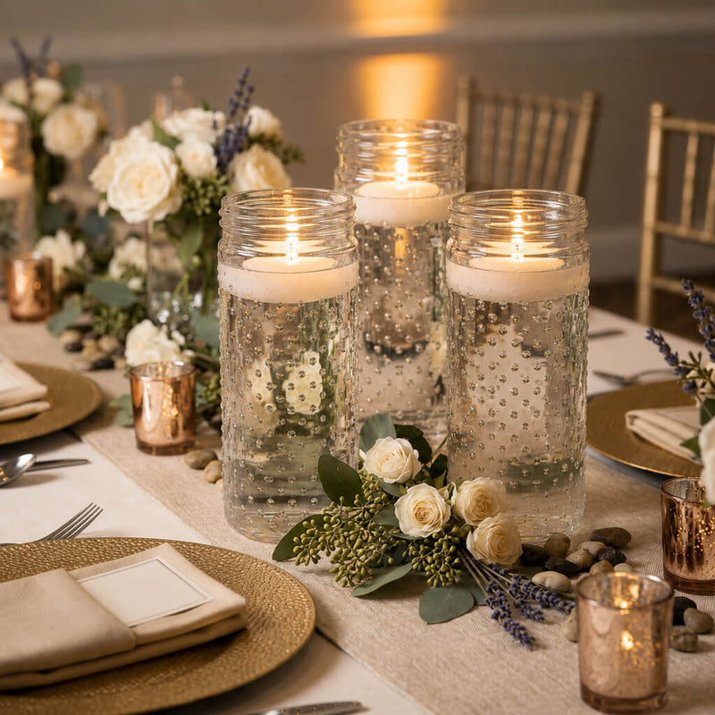 Floating white candles in the Hobnail Mason Jar Vase on an elegant wedding tablescape - thumbnail number 6