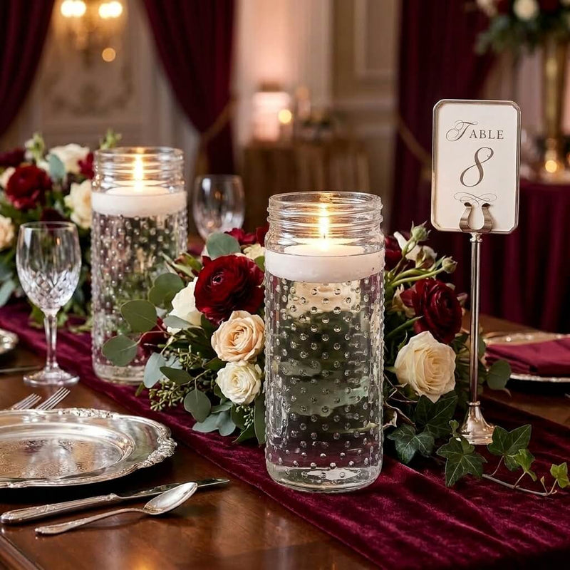 Floating candles in the Hobnail Mason Jar Vase on a burgundy wedding tablescape - thumbnail number 5