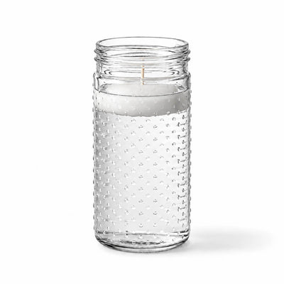 An unlit floating white candle in the Hobnail Mason Jar Vase isolated on a solid white background - thumbnail number 2