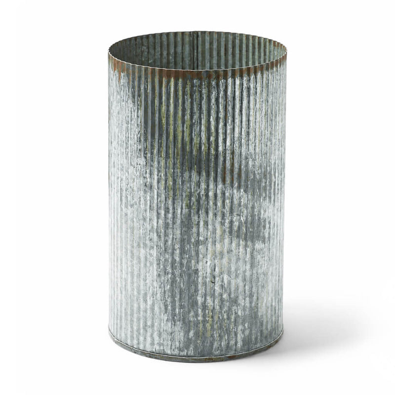 7" corrugated zinc vase with a rustic, weathered metal finish on a white background - thumbnail number 1