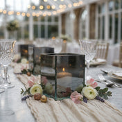 Square glass candle holders on romantic floral tablescape with lit candles - thumbnail number 5