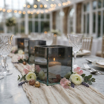 Square glass candle holders on romantic floral tablescape with lit candles - thumbnail number 5