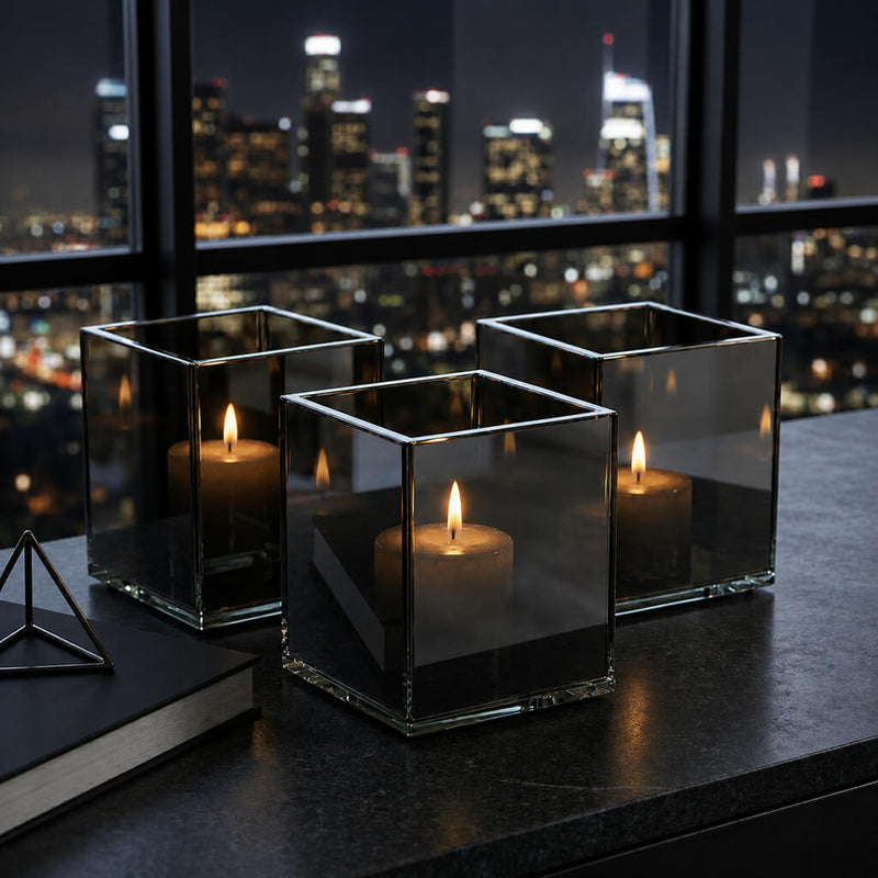 Modern square glass candle holders glowing by city window - thumbnail number 8