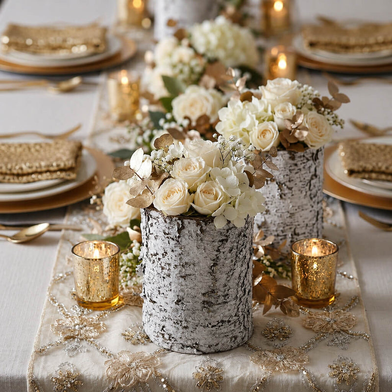 4.75x6" Whitewashed Birch Bark Vase filled with white roses on an elegant dining table - thumbnail number 5