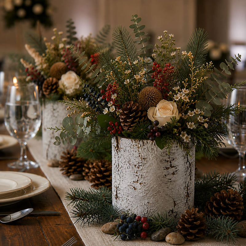 4.75x6" Whitewashed Birch Bark Vase with winter floral, pine, and berry arrangement - thumbnail number 6
