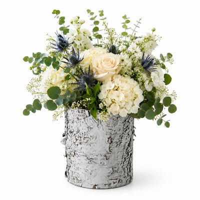 4.75x6" Whitewashed Birch Bark Vase filled with a bouquet of white roses and blue thistles - thumbnail number 4