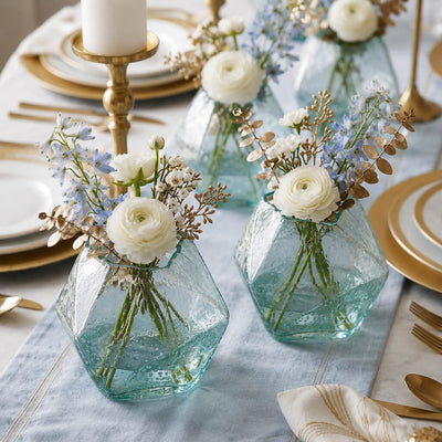 Two 6.5" geo glass bud vases with white flowers and greenery on a blue table runner - thumbnail number 4