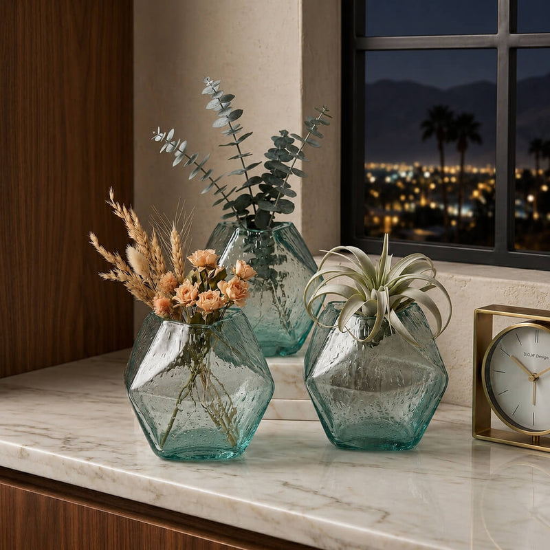 Three 6.5" geo glass bud vases with flowers and greenery on a marble surface - thumbnail number 7