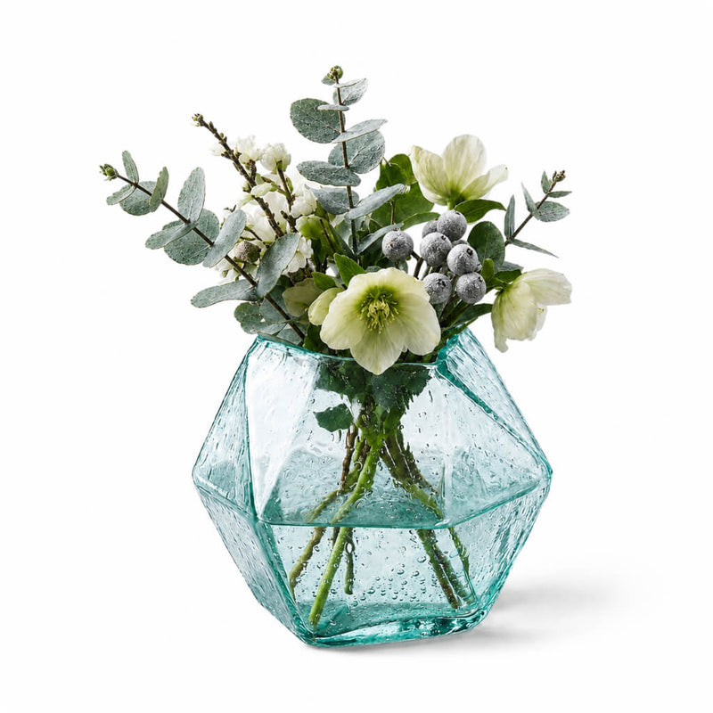 White hellebores and greenery in a 6.5" geo glass bud vase on a white background - thumbnail number 2