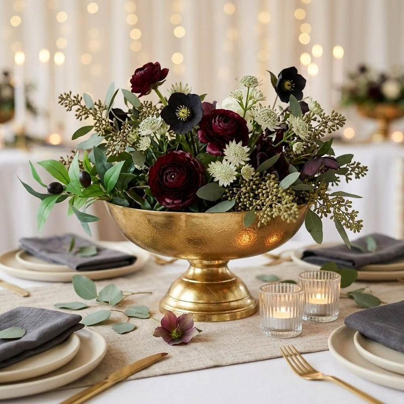 Oscar Pedestal Bowl Gold styled with floral centerpiece in tablescape - thumbnail number 4