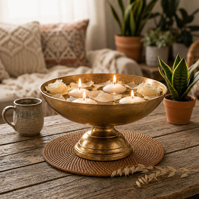 Oscar Pedestal Bowl Gold styled with floating candles and petals - thumbnail number 6