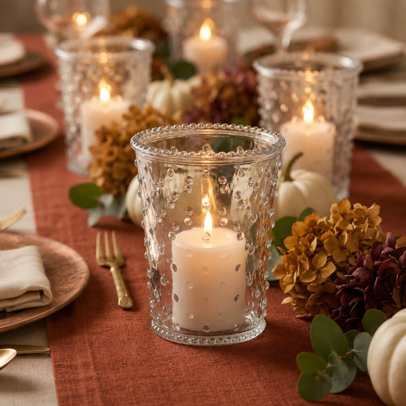 Lit white pillars in a Hobnail Candle Holder display on an autumn tablescape with pumpkins - thumbnail number 5