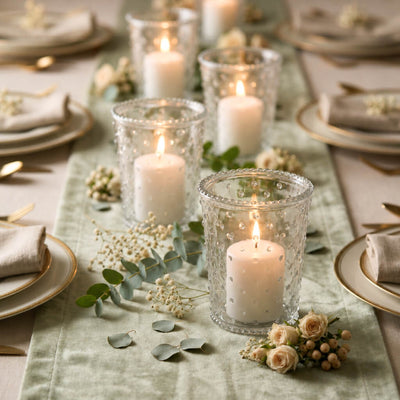 Lit white pillars in a Hobnail Candle Holder layout on a sage green runner with eucalyptus leaves - thumbnail number 6