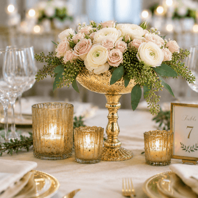 Gold Desiray Glass Compote centerpiece with blush roses and white ranunculus on a gala tablescape - thumbnail number 6