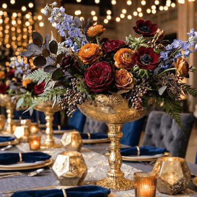 Gold Desiray Glass Compote with a moody autumn floral centerpiece on a navy tablescape - thumbnail number 7
